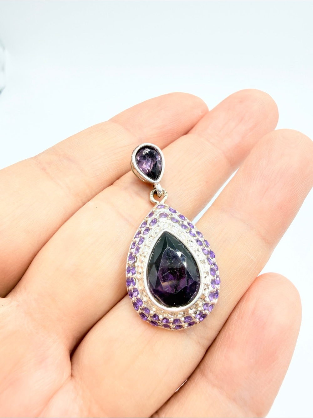 NRT Purple Teardrop Crystal Pendant Silver Tone Signed